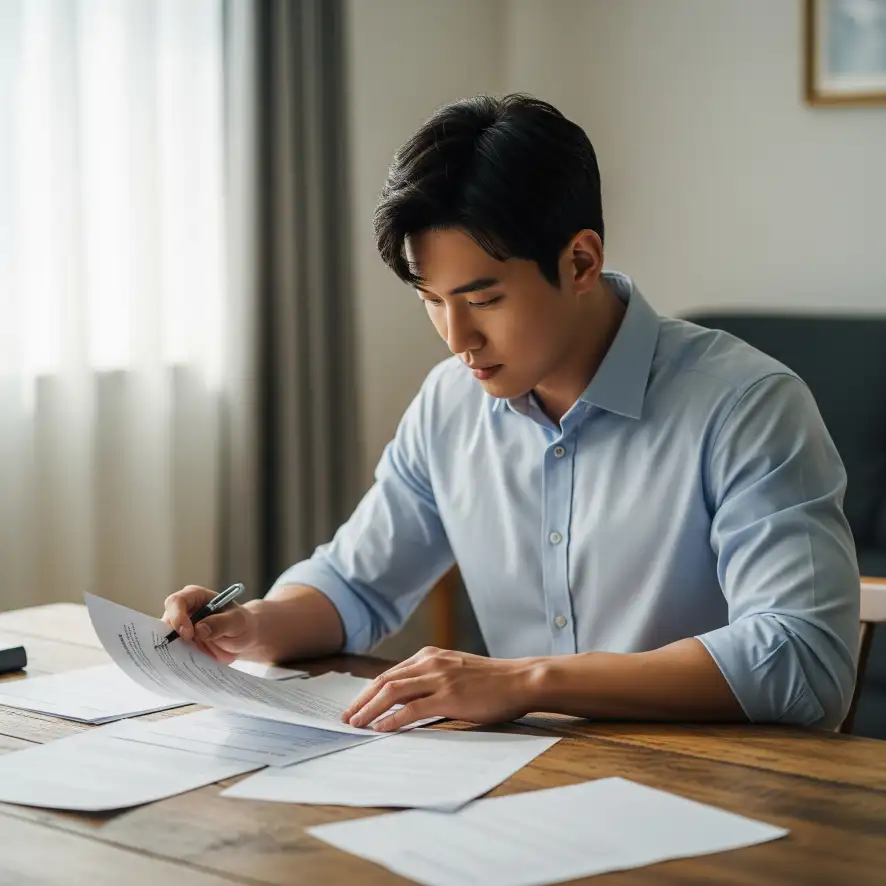 결혼비자 신청 서류들을 테이블 위에 펼쳐놓고 꼼꼼하게 검토하는 남성의 모습
