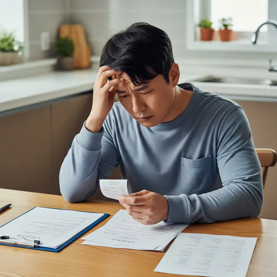 만료된 서류와 추가 비용 청구서 앞에서 스트레스받는 남성의 모습