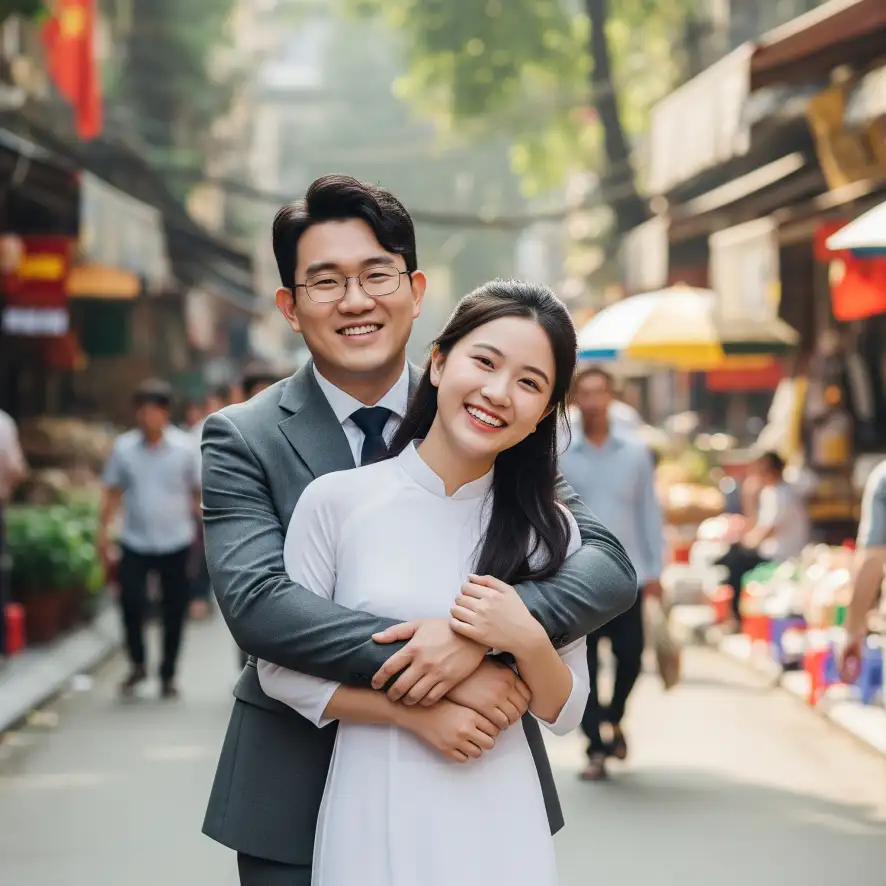 베트남 결혼 부부가 베트남 거리에서 환한 미소로 사진을 찍고 있다.