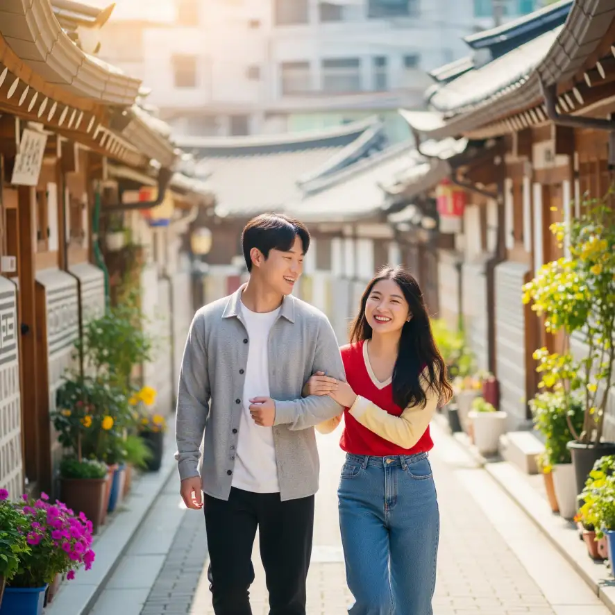베트남 국제결혼 커플이 팔짱을 끼고 데이트를 즐기며, 한옥 마을을 구경하고 있다.