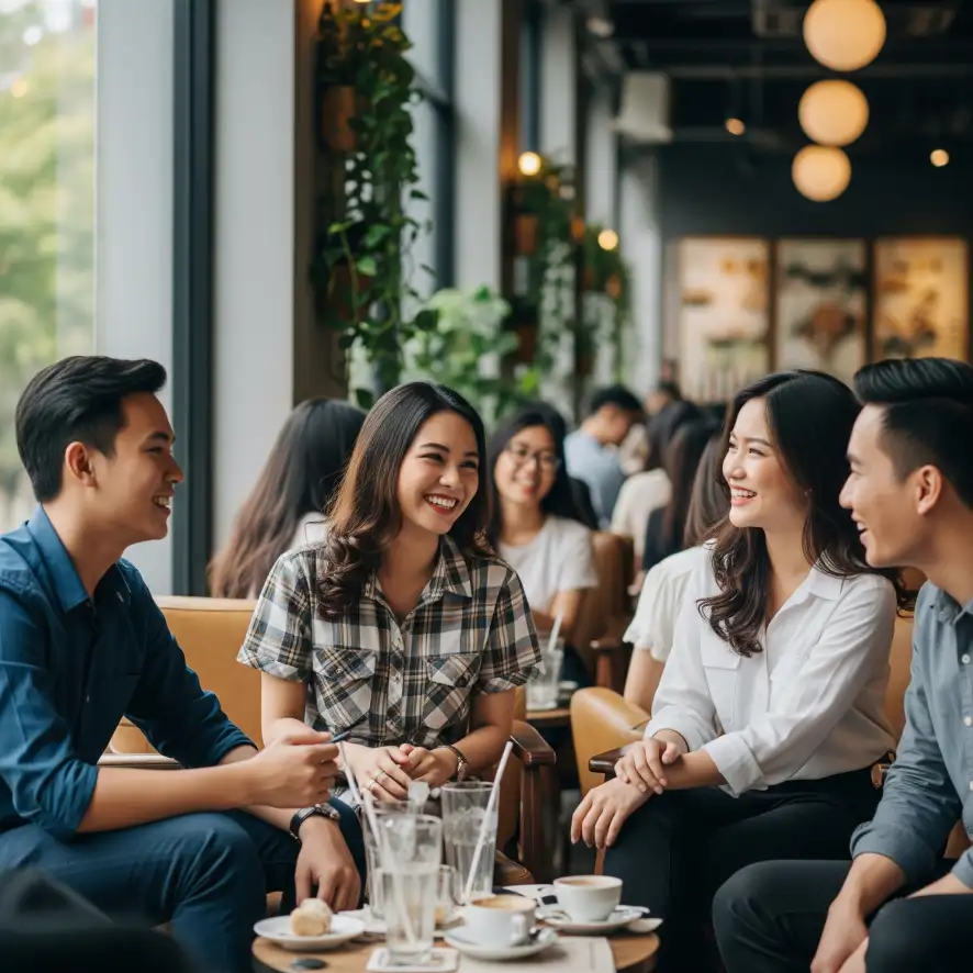 세련된 옷차림의 베트남 남부 호치민 여성이 카페에 앉아 친구들과 밝게 웃고 있다.