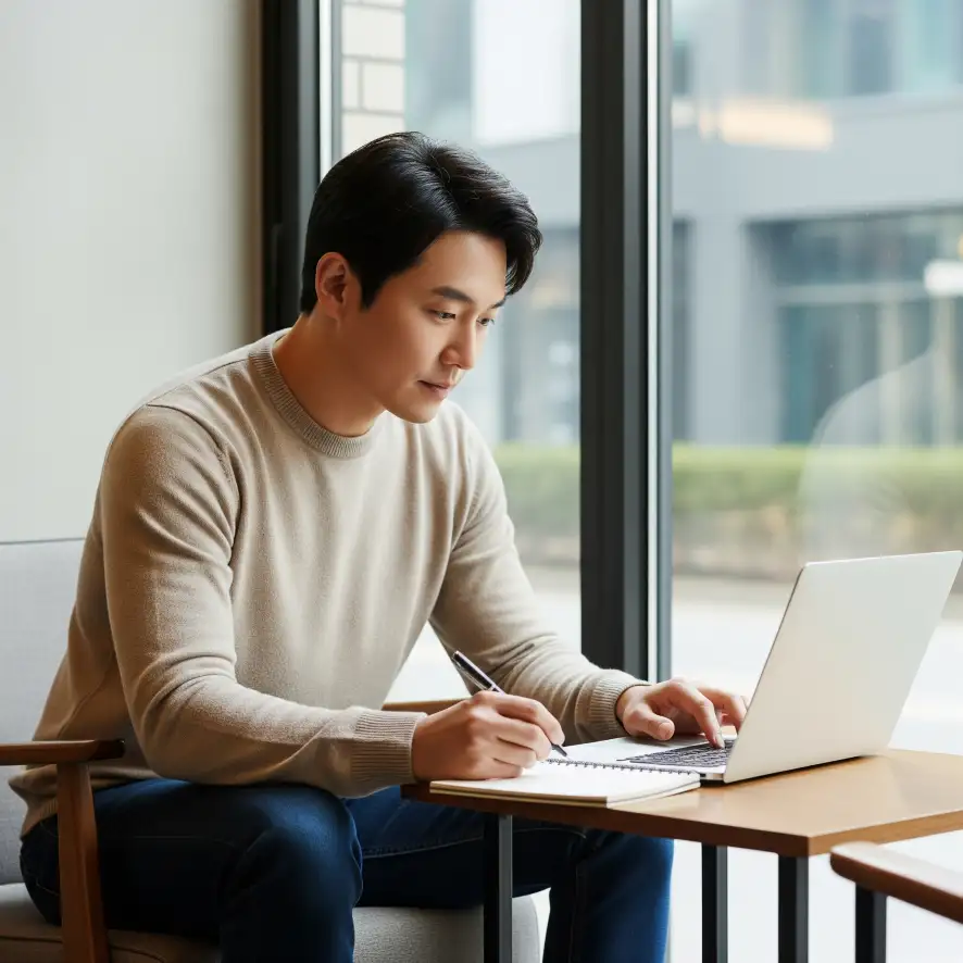 예비 신랑이 노트북을 열고 결혼에 필요한 총비용(업체수수료, 항공료, 서류비용, 현지결혼식, 정착자금 등)을 항목별로 정리하며 예산을 짜고 있다