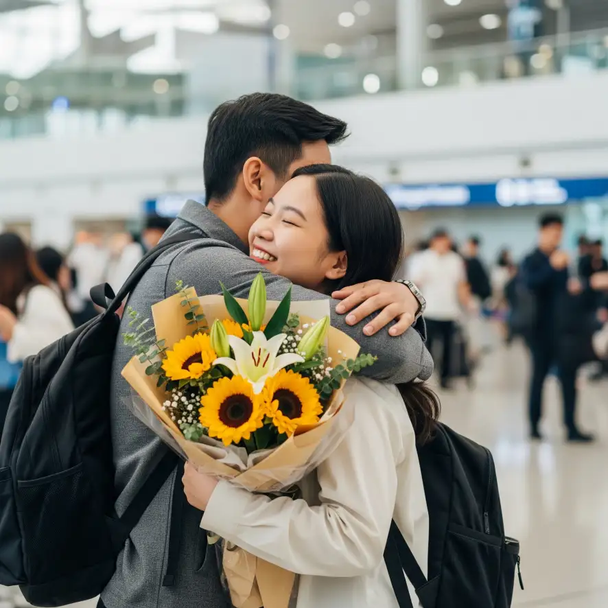 인천공항 입국장에서 꽃다발을 들고 비행기에서 내린 베트남 아내를 따뜻하게 포옹하며 맞이하는 남편의 감격적인 모습.