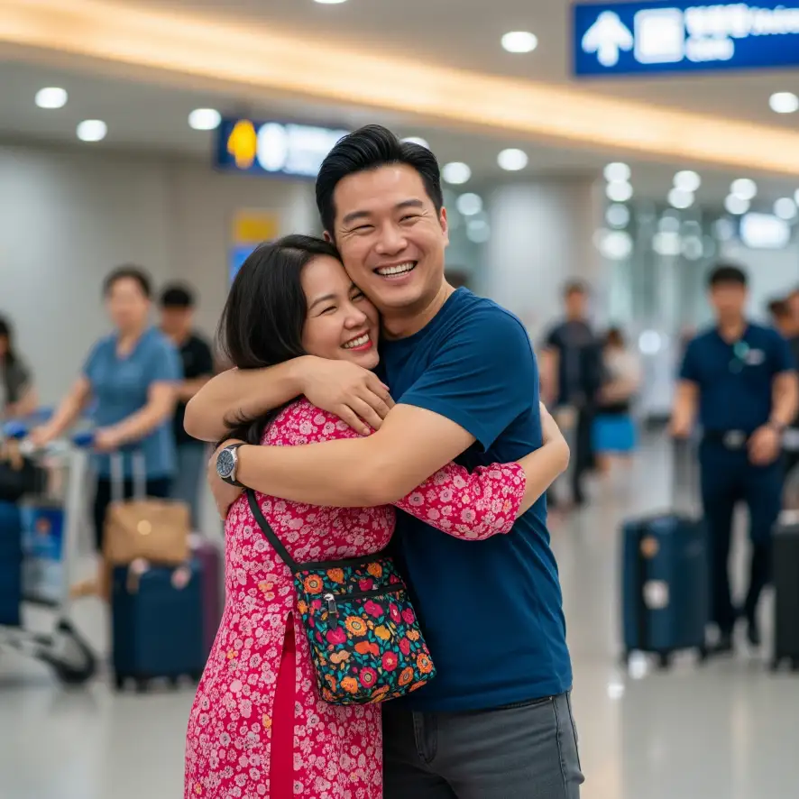 인천공항 입국장에서 베트남 아내를 맞이하며 환하게 웃으며 포옹하는 한국인 남편
