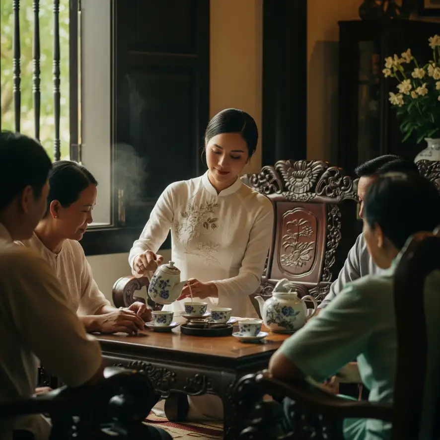전통 아오자이를 입은 베트남 북부 하노이 여성이 차를 따르고 있다.