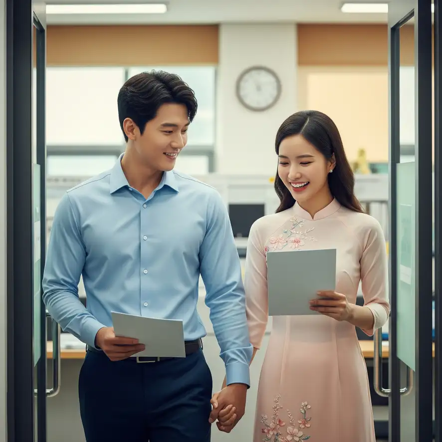 한국 구청 혼인신고 창구에서 한국인과 베트남 부부가 서류를 들고 웃으며 나서고 있다.