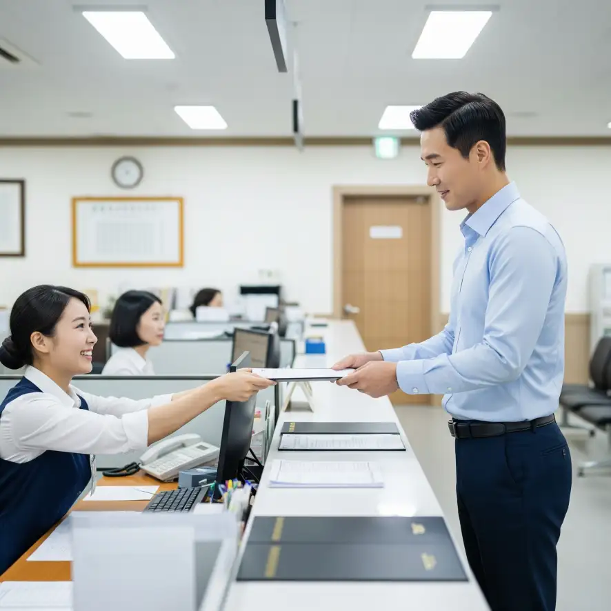 한국 구청에서 남편이 혼자 베트남 국제결혼 혼인신고를 접수하고 있다.