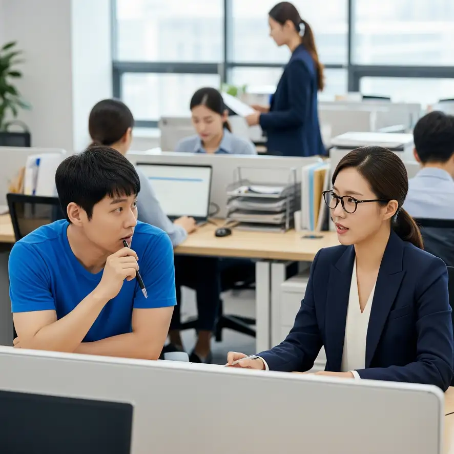 한국인 남성이 법률사무소에서 베트남 결혼 비자 심사 절차에 관한 설명을 상담원에게 듣고 있다.