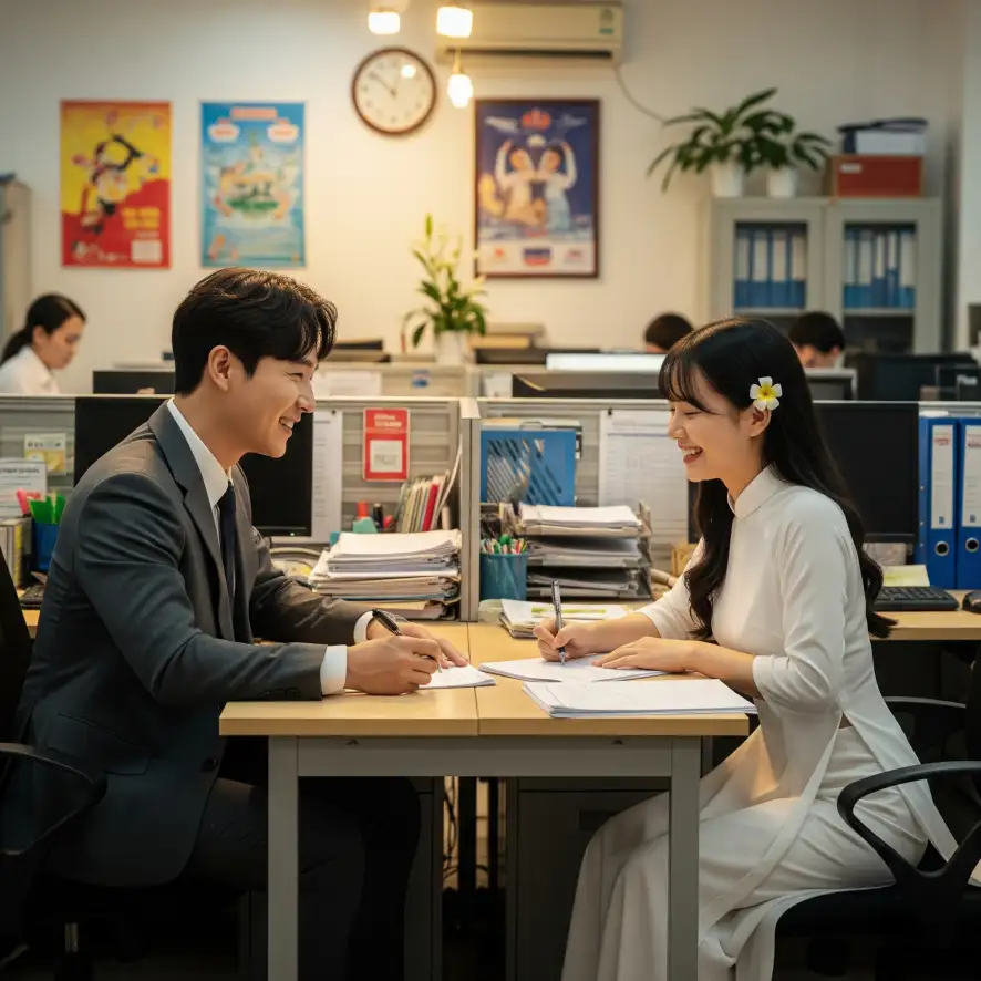 한베 재혼 커플이 마주앉아 교제경위서를 함께 작성하며 서로를 따뜻하게 바라보고 있다.
